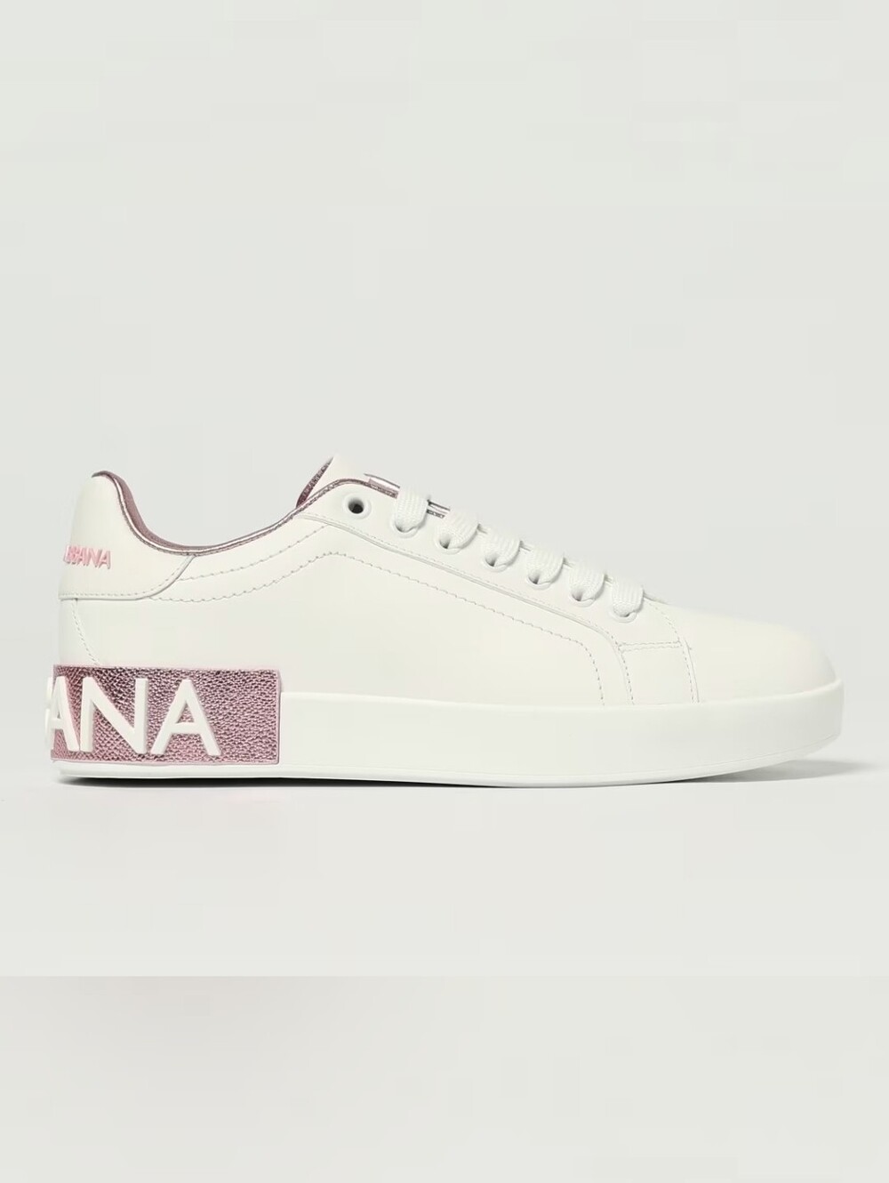 NWOT Dolce & Gabbana White Leather Low-Top Sneaker with Pink Accent